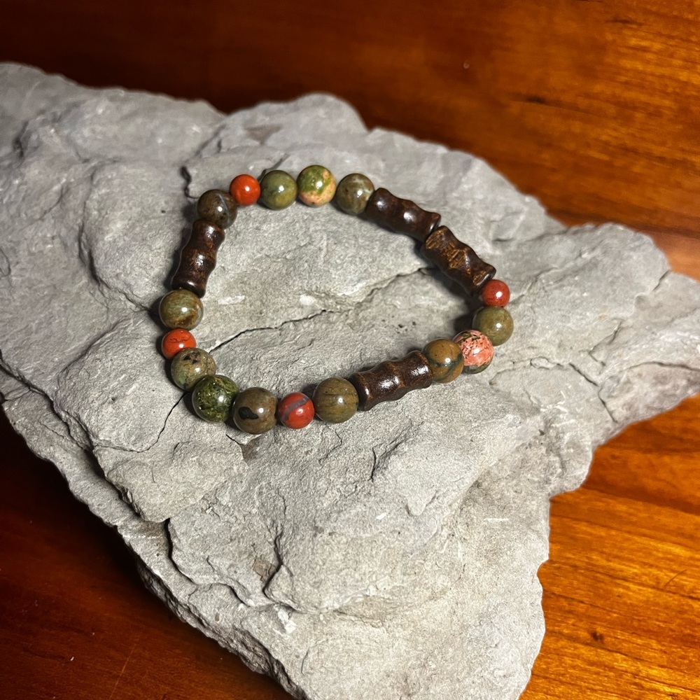 Earthy handcrafted stretch Bracelet with unakite, green opal, tanzanite and wood